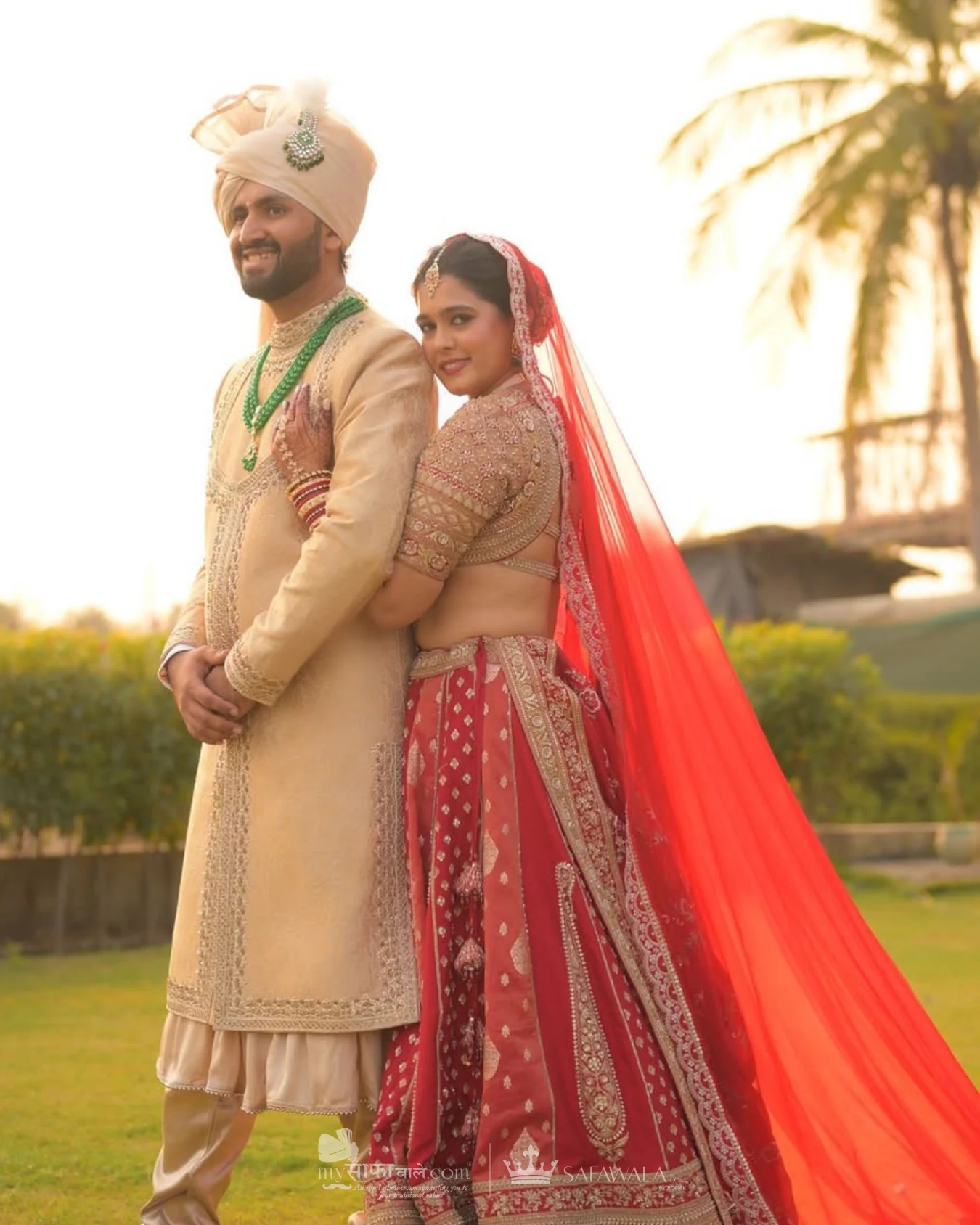 Classic groom pagdi styled with a red ceremonial stole for baraat pagri tying in Diani
